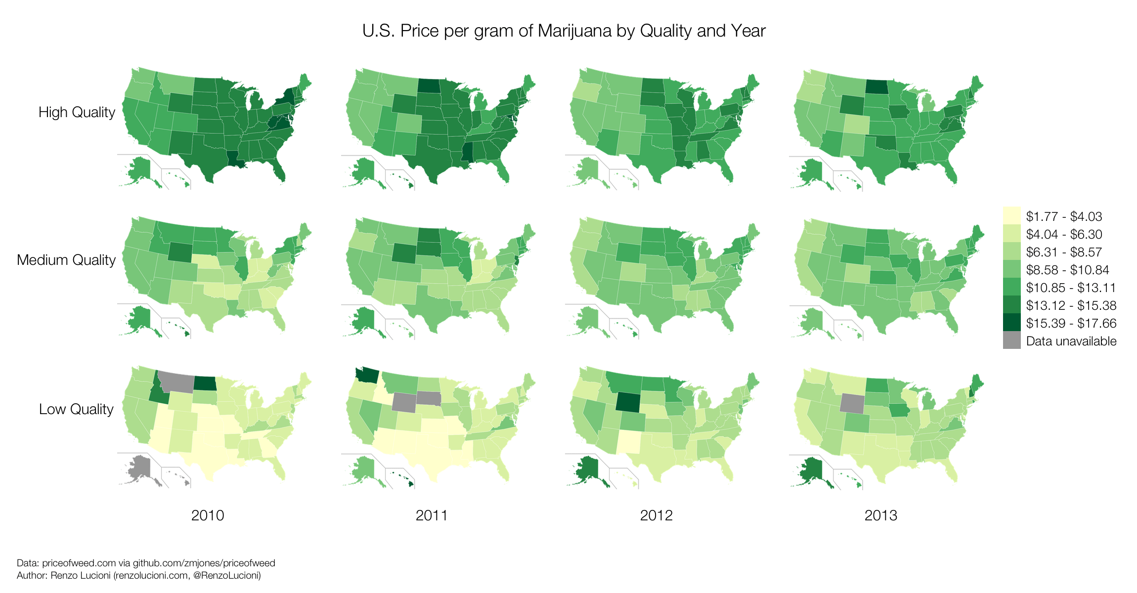 Choropleth maps of historical marijuana prices in the US